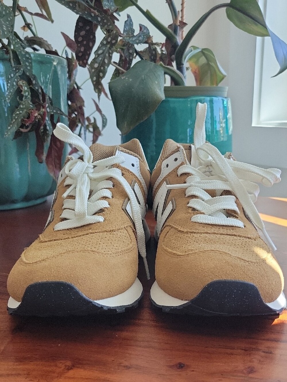 New Balance Women’s Tan Suede 574 Retro Sneakers with Cream Accents (New) - Picture 8 of 8